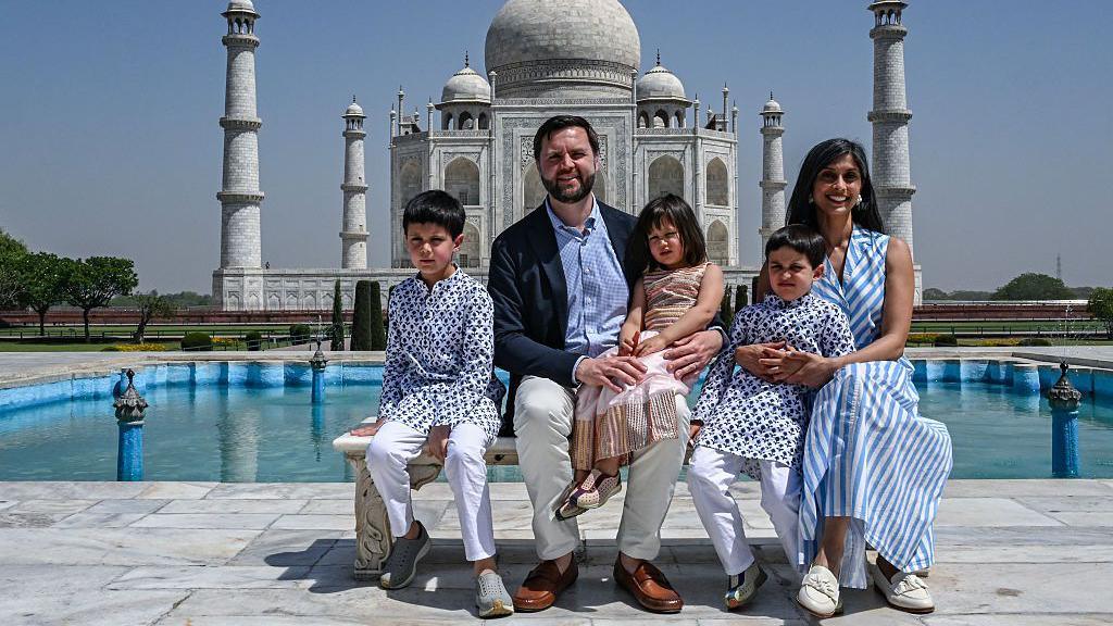 Vice President JD Vance and his family, including wife Usha Vance, visit the Taj Mahal on April 23, 2025 in Agra, India