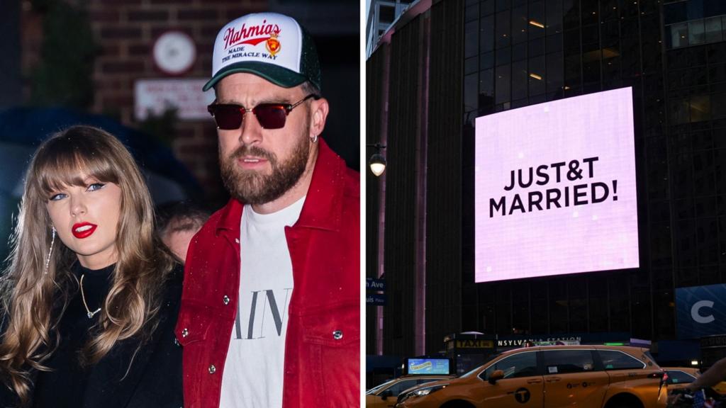 Taylor Swift and Travis Kelce are seen photographed in one photo with another showing a "just married" sign at Madison Square Garden 
