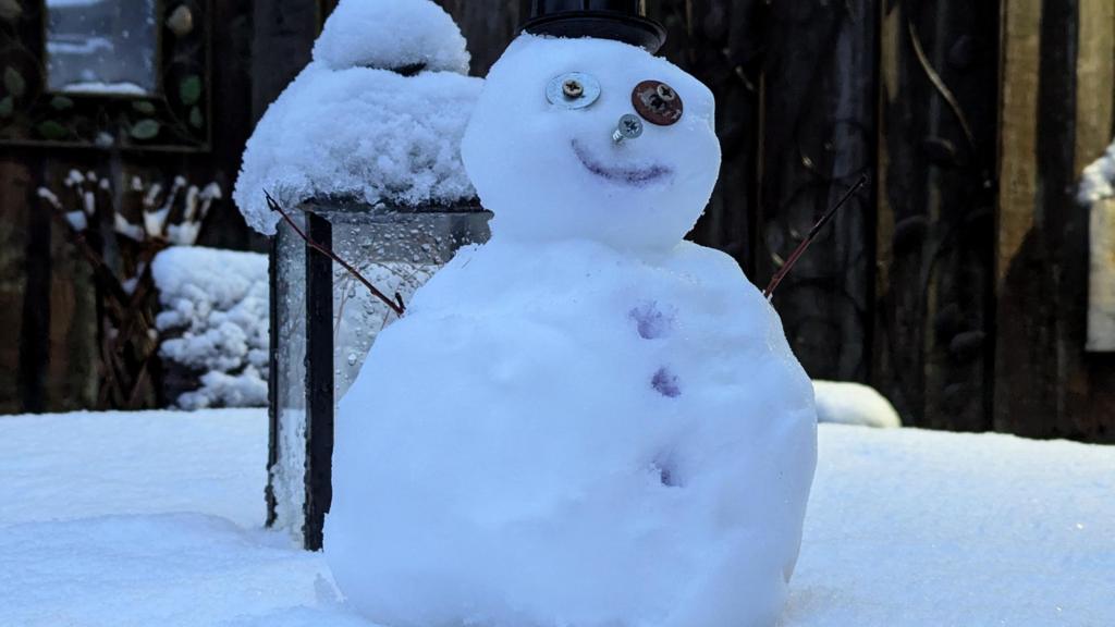 A snowman standing in a garden in Staffordshire. The snowman has bits of metal for its eyes and nose and a smiling mouth has been drawn on it