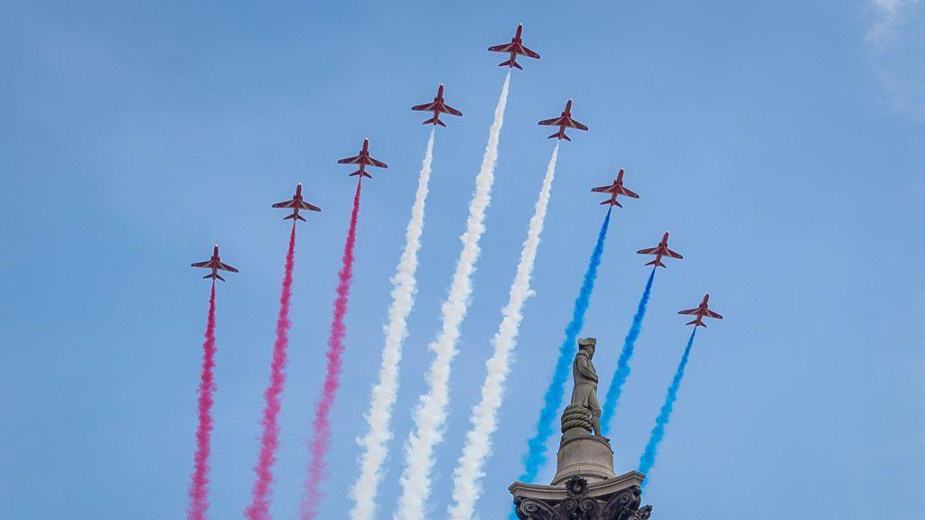 Red Arrows perform a flypast over Trafalgar Square during the Platinum Jubilee celebrations.