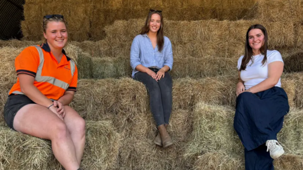 Three young women sit on a stack of hay bales