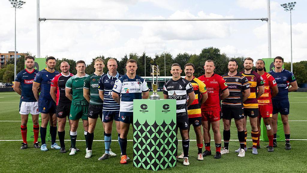 Club captains, from left, Bailey Ransom of London Scottish, Matt Rogerson of Worcester Warriors, Alex Everett of Cornish Pirates, Angus Kernohan of Ealing Trailfinders, David Williams of Nottingham, Alex Day of Bedford Blues, Jordon Poole of Coventry, Luke Carter of Chinnor, Alex Schwarz of Richmond, Will Crane of Hartpury, JJ Dickinson of Caldy, Fraser Strachan of Ampthill, Otumaka Mausia of Cambridge and Ben Murphy of Doncaster Knights, during the Championship Rugby media day