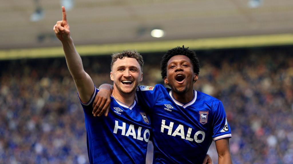 Ipswich Town's Jaden Philogene-Bidace (right) celebrates with Jack Taylor after scoring his sides second goal against QPR
