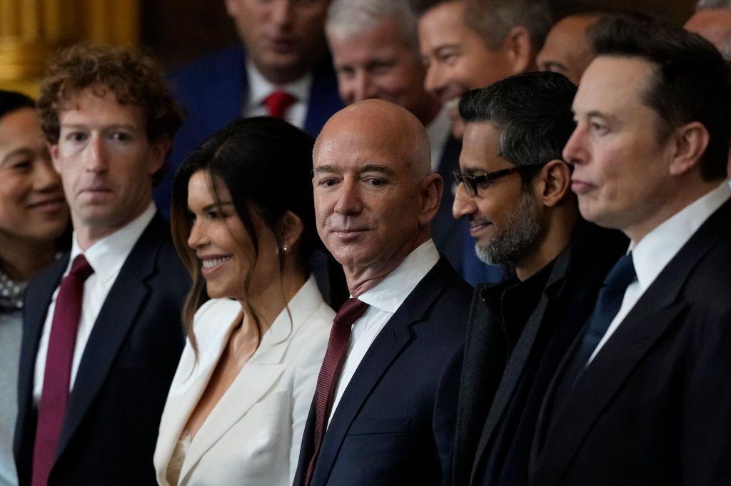 Mark Zuckerberg, Lauren Sanchez, Jeff Bezos, Sundar Pichai and Elon Musk pictured in a line as they attend the inauguration of Donald Trump in Washington on 20 January