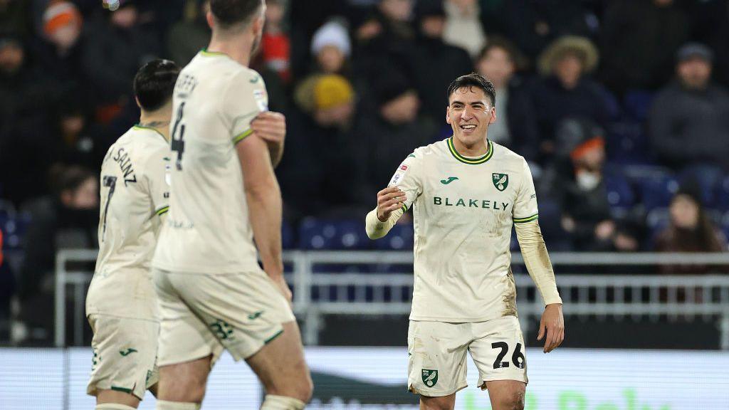 Marcelino Nunez (right) celebrates opening the scoring for Norwich