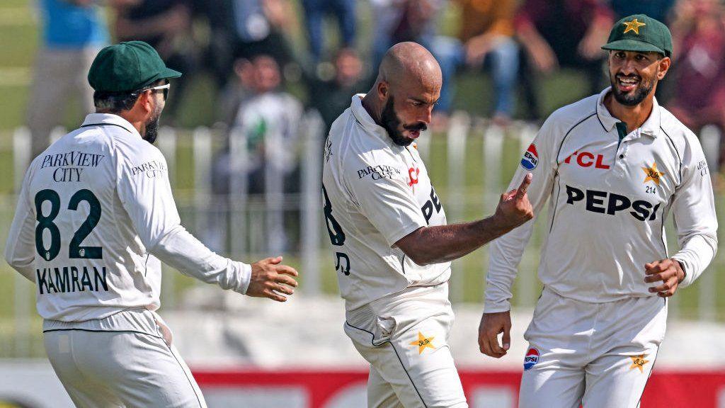 Pakistan spinner Sajid Khan celebrates taking a wicket