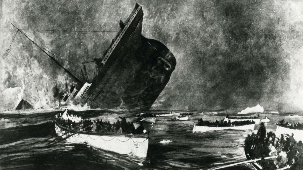 Engraving of the ship sinking after hitting an iceberg in the Atlantic Ocean.