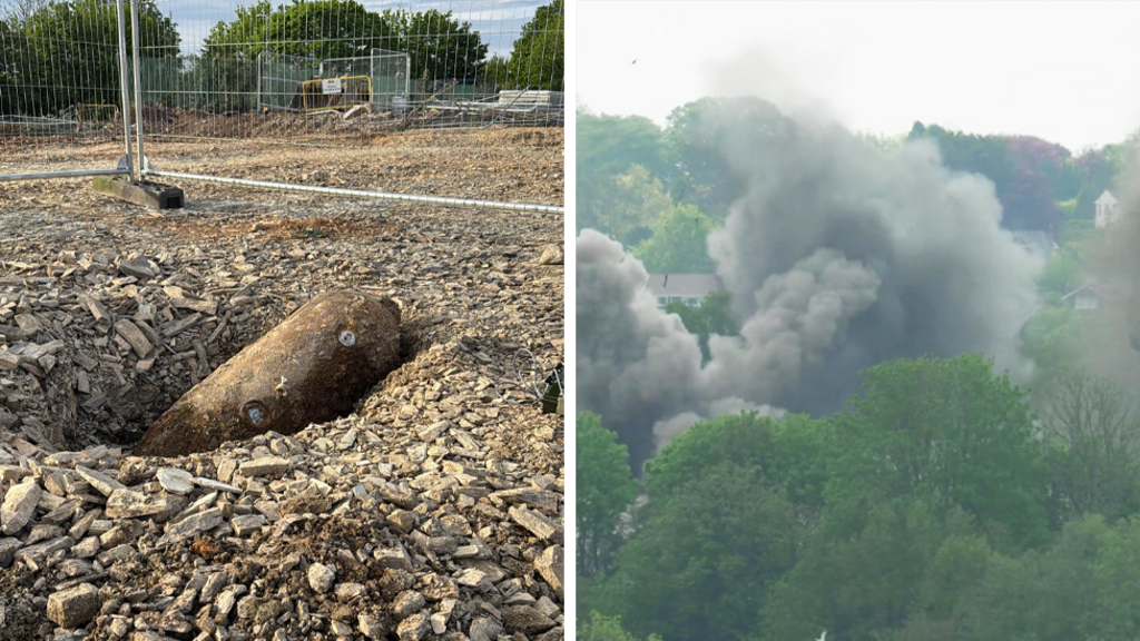 A side by side image shows the un-exploded bomb to the right. On the left, smoke rises above trees after it was detonated.