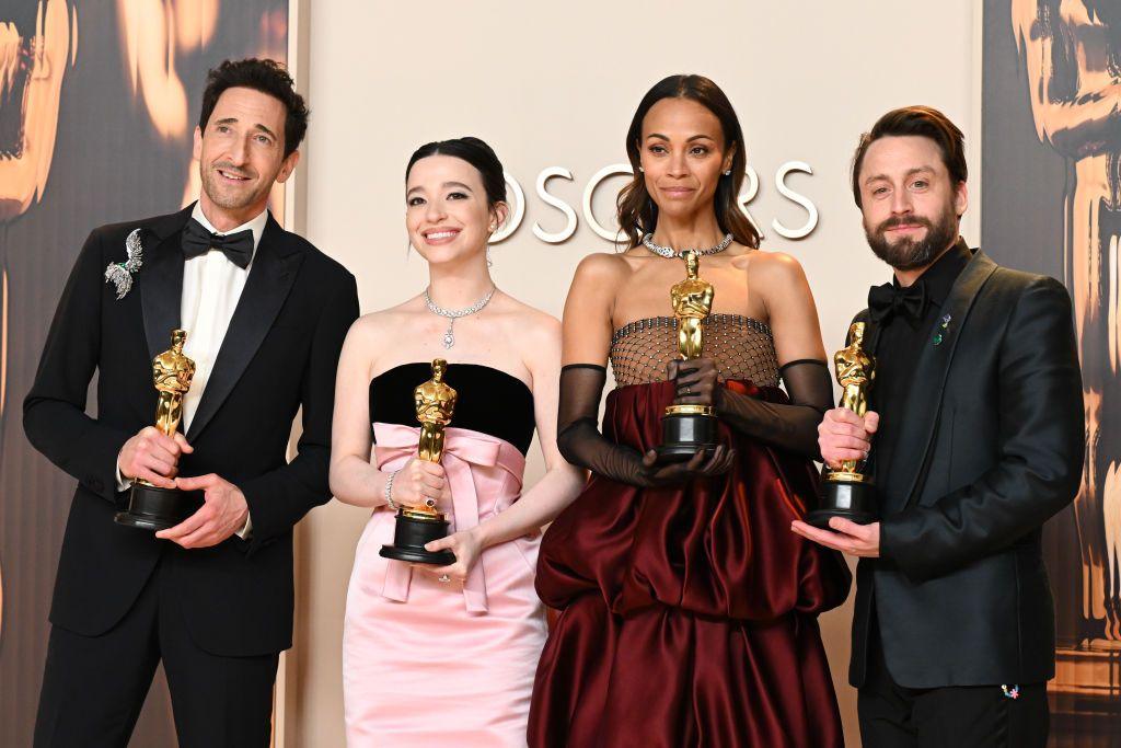 Adrien Brody, Mikey Madison, Zoe Saldana, Kieran Culkin hold their acting oscars at the 97th Oscars