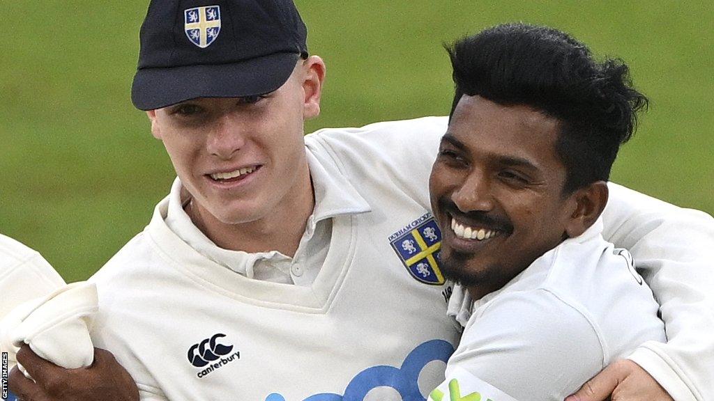 Matt Potts and Vishwa Fernando celebrate for Durham