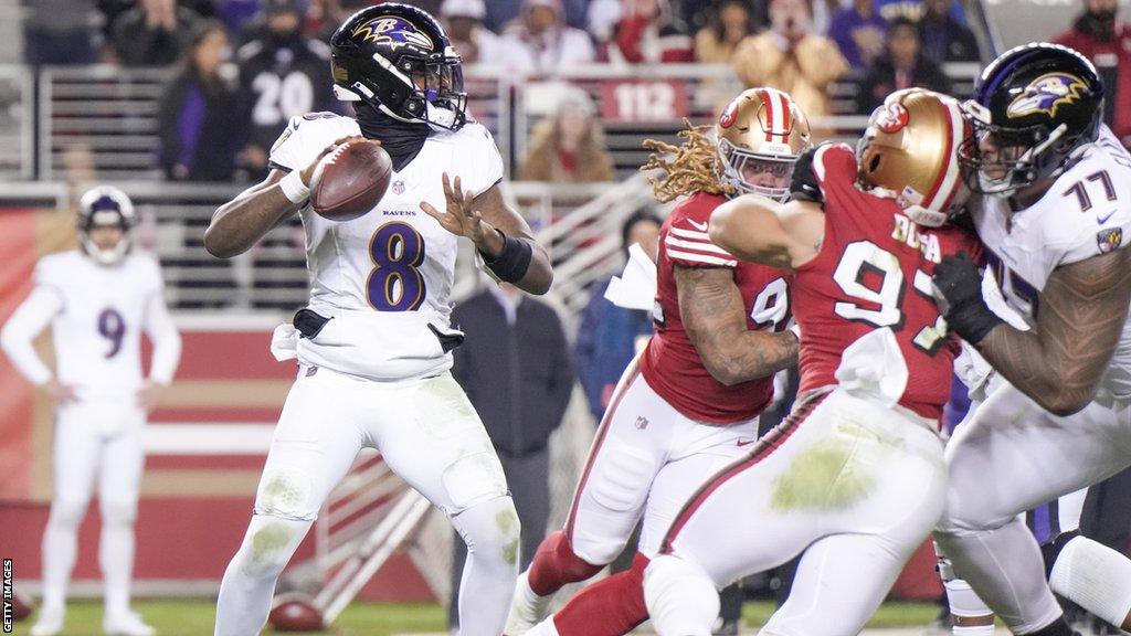 Baltimore Ravens quarterback Lamar Jackson in action