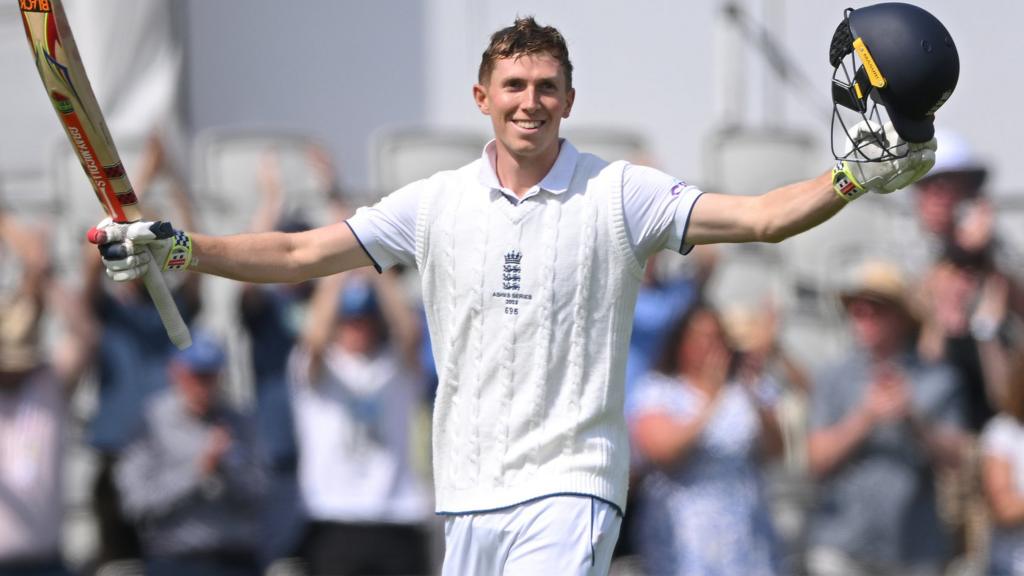 England opener Zak Crawley smiles as he celebrates hitting a century