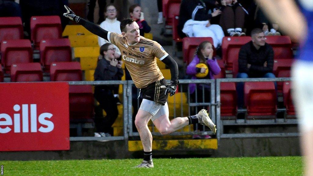 Scotstown goalkeeper Rory Beggan celebrates after scoring the winning point against Kilcoo in the Ulster Club Championship quarter-final.