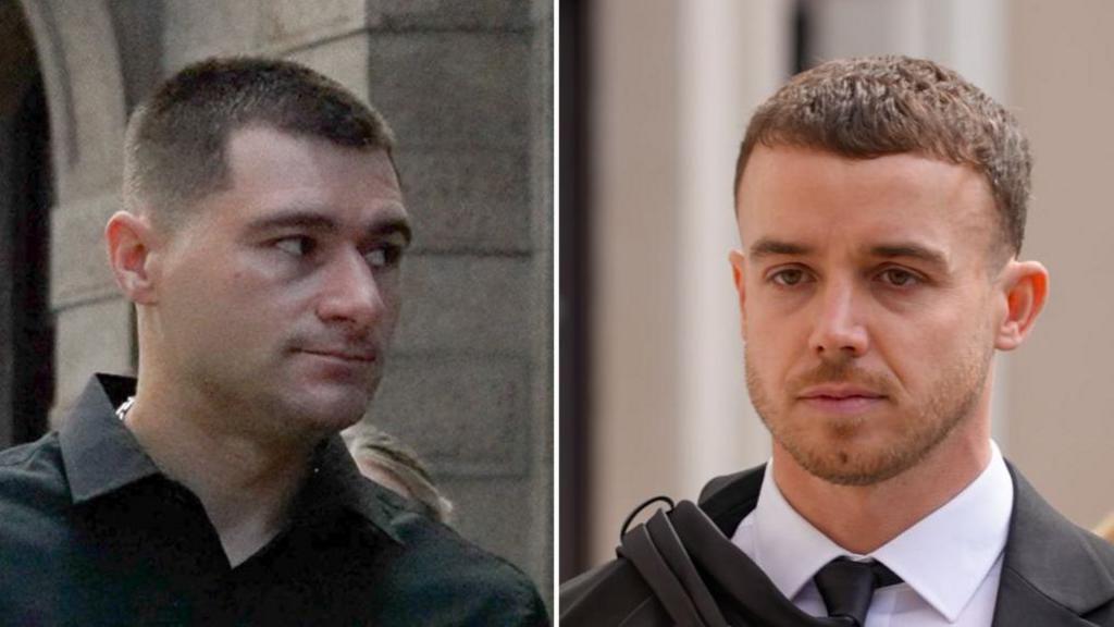 Composite image of Artur Sevash-Zade and Lewis Carr as they walk individually into Jersey's Royal Court. They are both wearing dark smart clothing.