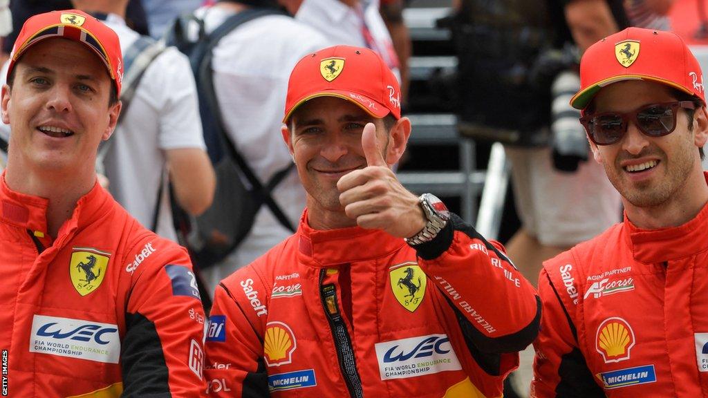 Ferrari drivers Italian Alessandro Pier Guidi, Britain's James Calado and Italian Antonio Giovinazzi