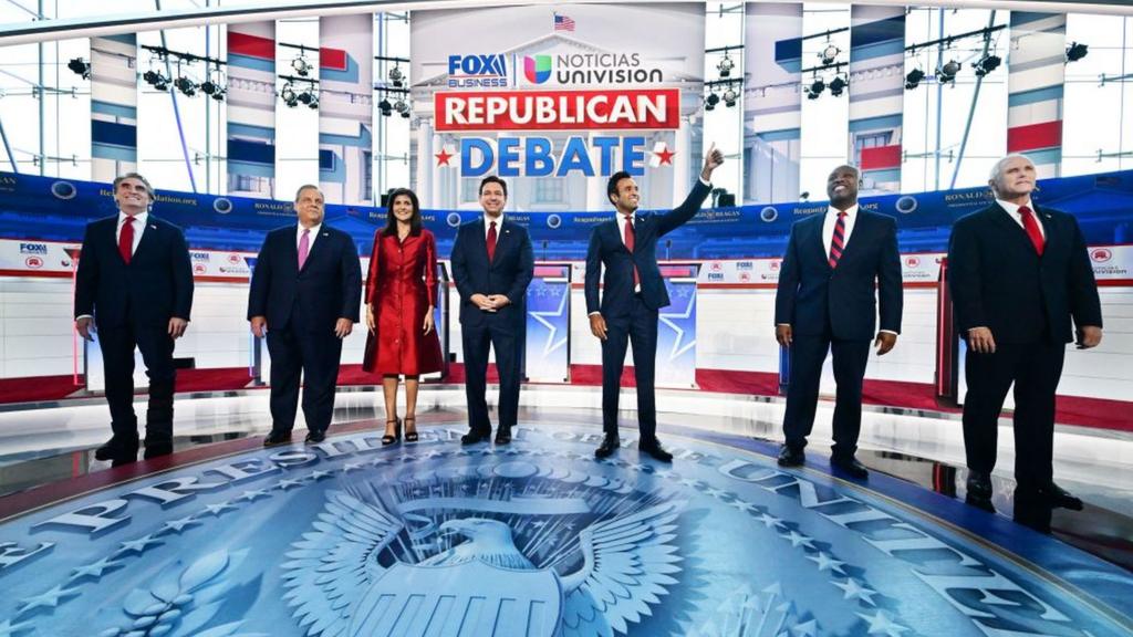 (From L) North Dakota Governor Doug Burgum, former Governor of New Jersey Chris Christie, former Governor from South Carolina and UN ambassador Nikki Haley, Florida Governor Ron DeSantis, entrepreneur Vivek Ramaswamy, US Senator from South Carolina Tim Scott and former US Vice President Mike Pence