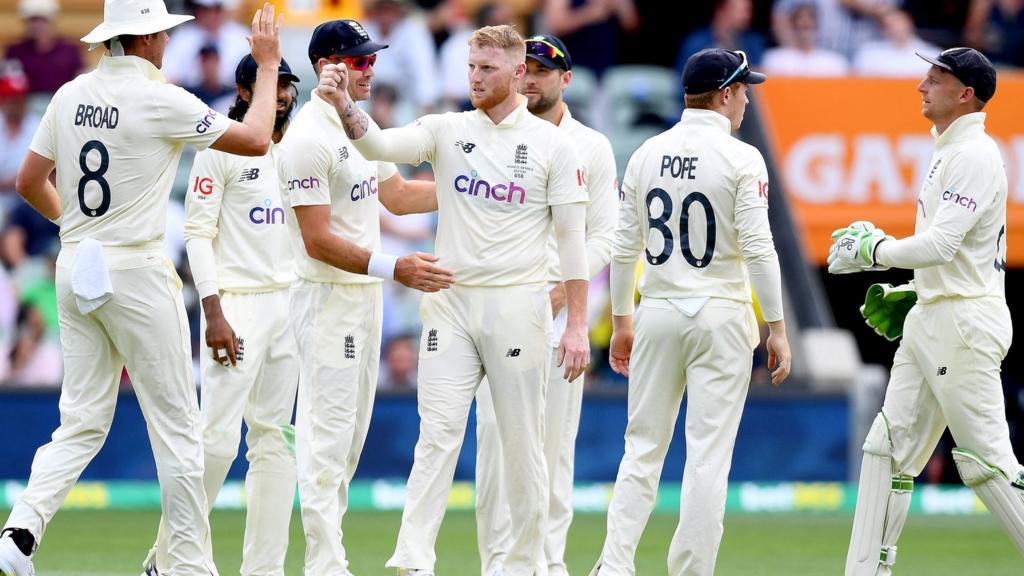 England players celebrate after Ben Stokes takes a wicket