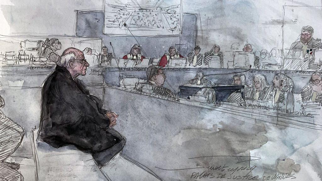 A court sketch showing Le Scouarnec in court