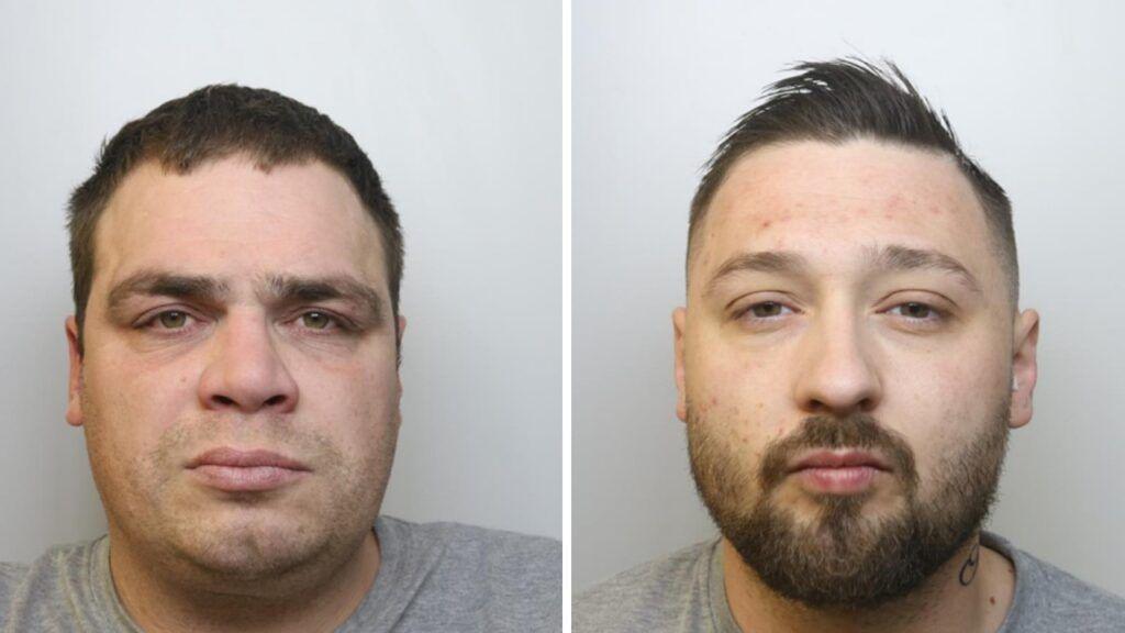 Police mugshot of Kerry Miles and Zachery Stone wearing grey t-shirts against a grey background