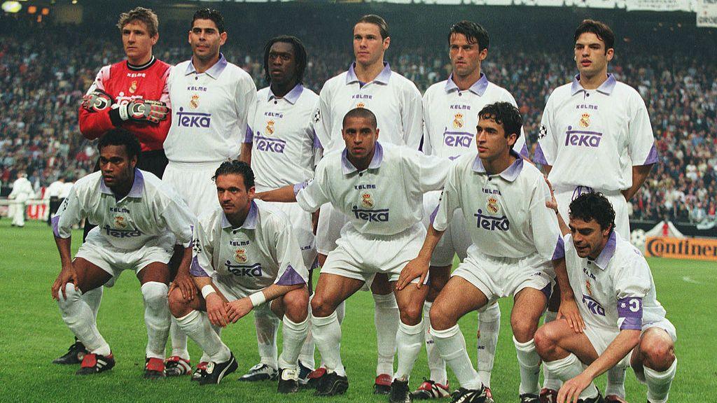 Real Madrid line-up, 1997-98 Champions League final. (Back row left to right) Bodo Ilgner, Fernando Hierro, Clarence Seedorf, Fernando Redondo, Christian Panucci, Fernando Morientes. (Front row left to right) Christian Karembeu, Pedrag Mijatovic, Roberto Carlos, Raul, Manolo Sanchis.