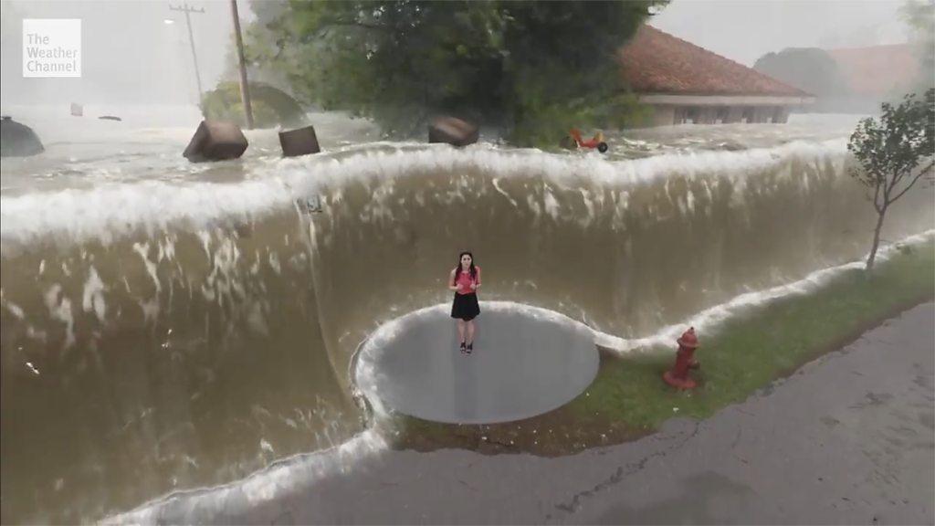 A US broadcaster uses a virtual reality studio to demonstrate the danger posed by a huge storm surge.