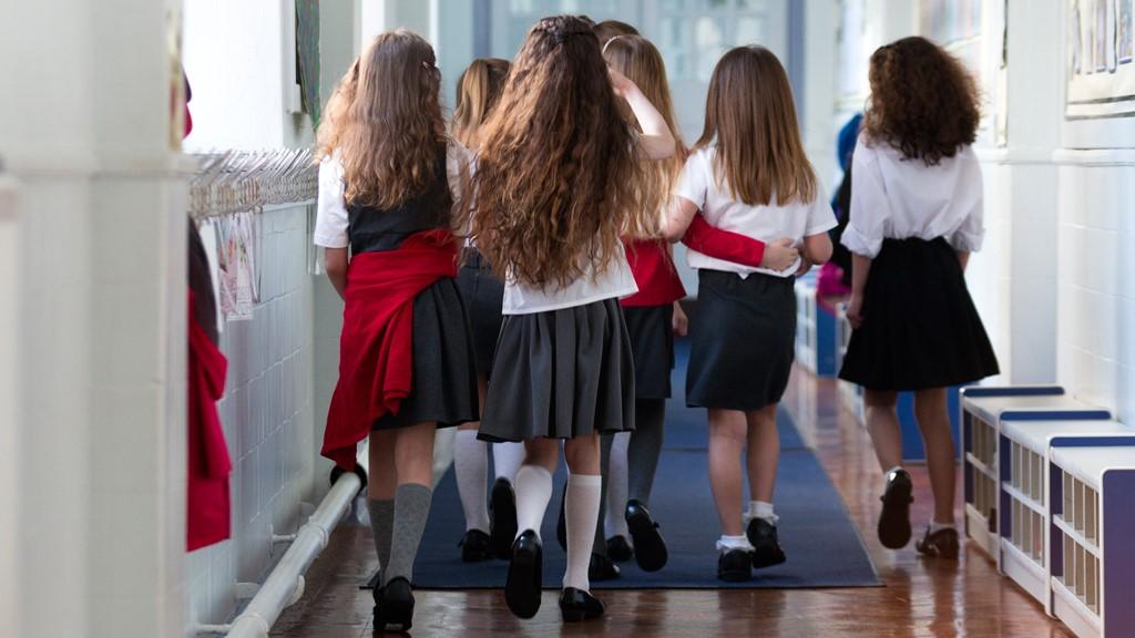 Group of schoolgirls walking down a school corridor