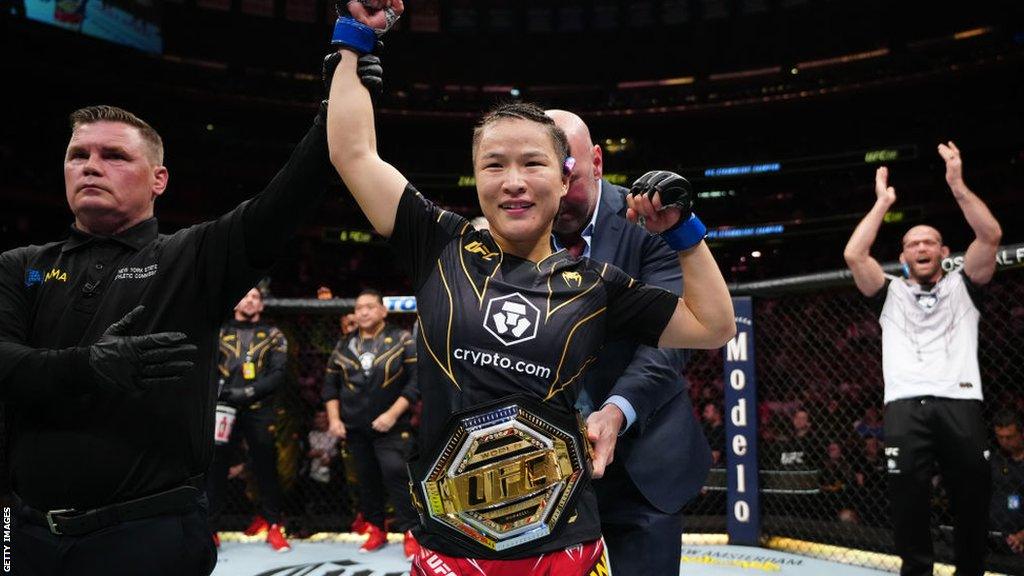 Zhang Weili celebrates her win over Carla Esparza in November 2022