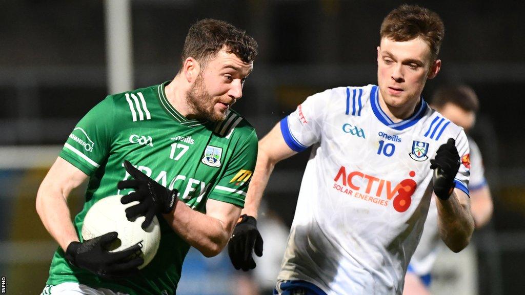 Monaghan's Ciaran McNulty shadows Conor McShea of Fermanagh during the McKenna Cup group game between the sides