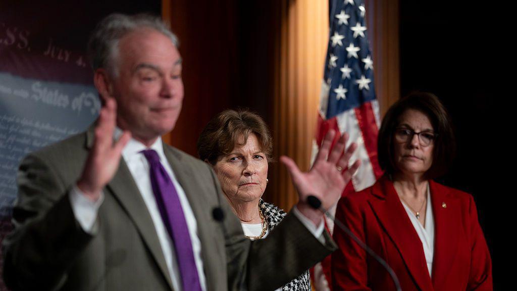 Senator Tim Kaine, Senator Jeanne Shaheen and Senator Catherine Cortez Masto at a news conference at the US Capitol on 9 November 2025
