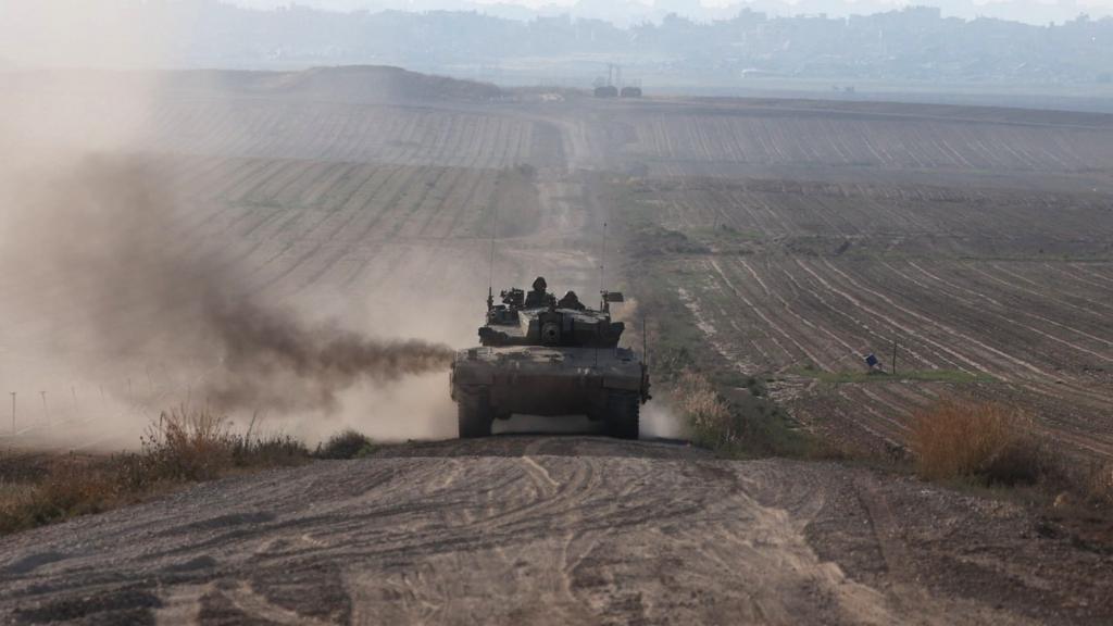 An Israeli army tank moves along the border with Gaza in southern Israel , 07 April 2024.