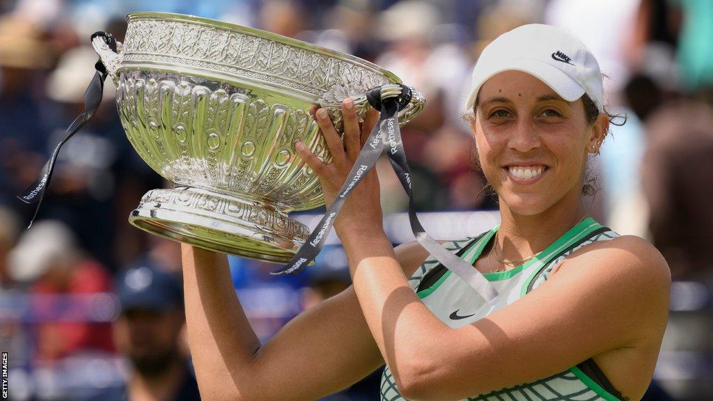 Madison Keys celebrates winning Eastbourne in 2023