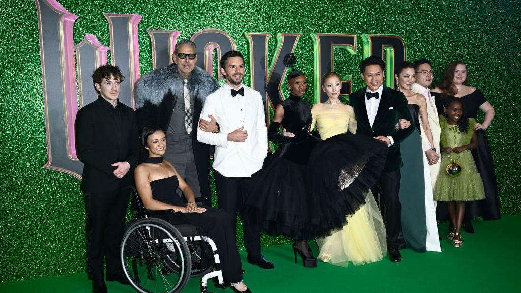  Ethan Slater, Marissa Bode, Jeff Goldblum, Jonathan Bailey, Cynthia Erivo, Ariana Grande, Michelle Yeoh, Bowen Yang, Karis Musongole and Bronwyn James attend the "Wicked: Part One" European Premiere at The Royal Festival Hall