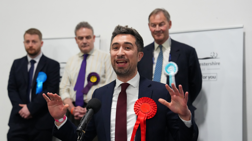 Labour Party candidate, Damien Egan, makes a speech after being declared the winner in the Kingswood by-election on February 16, 2024 in Thornbury, England.