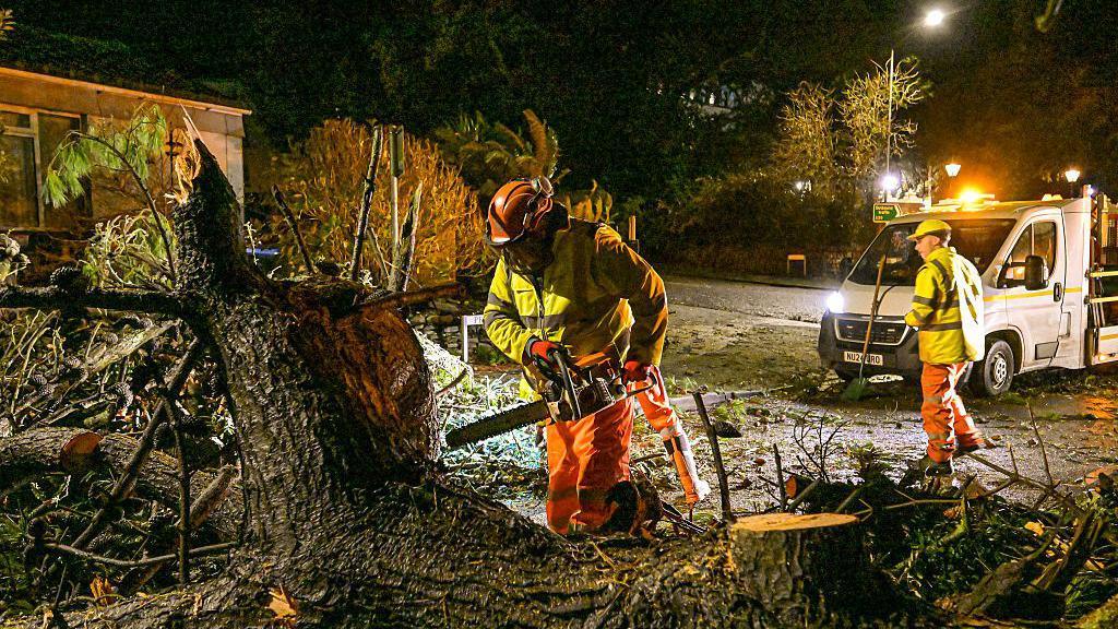 Council workers clear fallen trees from a road in Cornwall.