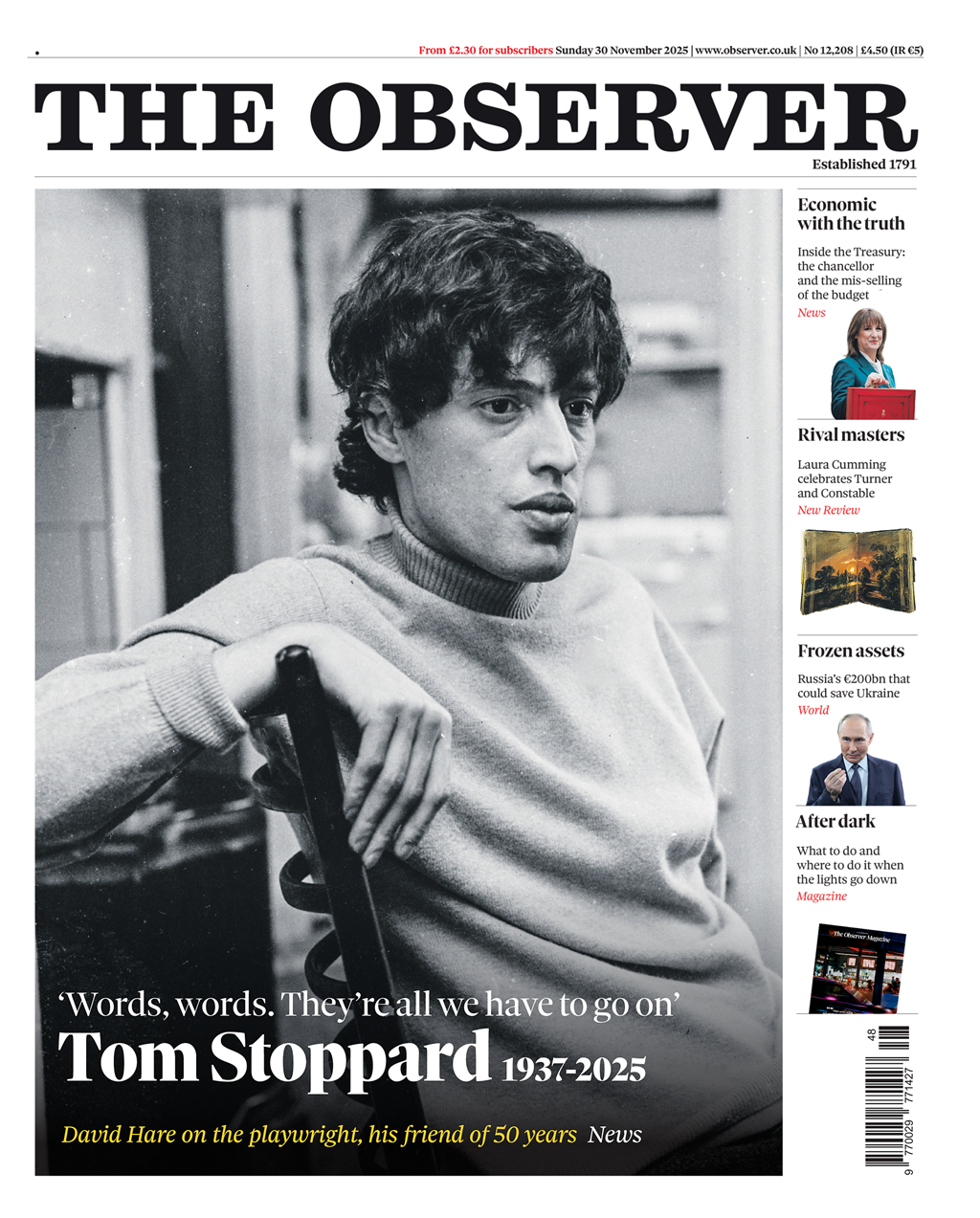The headline on the front page of Observer reads: "Words, words. They're all we have to go on".
