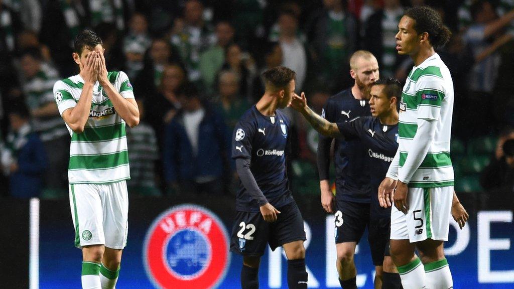 Nir Bitton and Virgil van Dijk are dejected at Malmo's late second goal