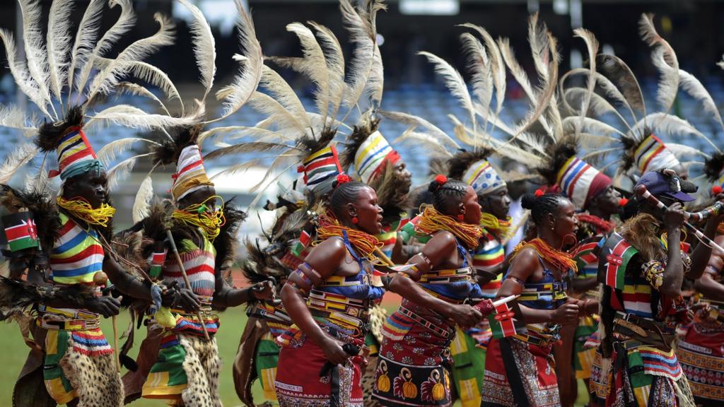 Traditional dancers perform at the Kasarani stadium in Nairob