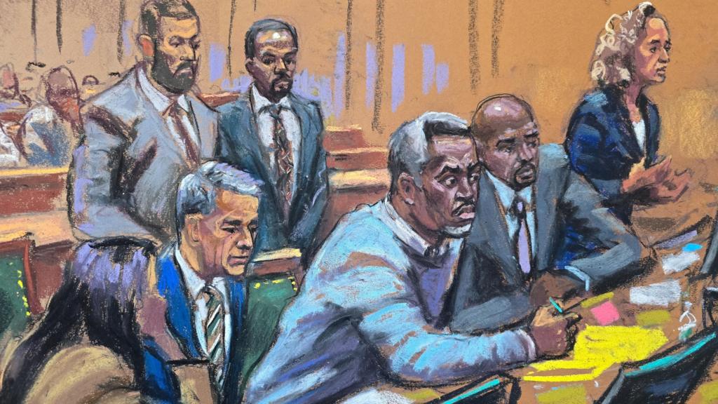 Sean "Diddy" Combs attends a charge conference with his defense lawyers Nicole Westmoreland, Brian Steel, Xavier R. Donaldson and Alexandra Shapiro during Combs' sex trafficking trial in New York City, New York, U.S., June 25, 2025 in this courtroom sketch. 
