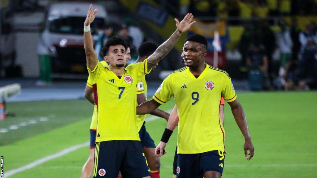 Luis Diaz celebrates scoring for Colombia