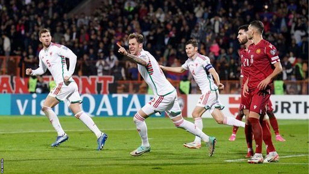 Joe Rodon celebrates scoring Wales' equaliser