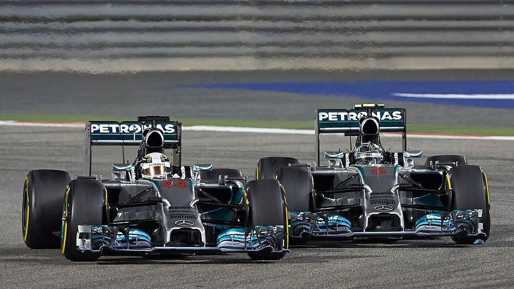 Lewis Hamilton and Nico Rosberg side by side during the 2014 Bahrain Grand Prix