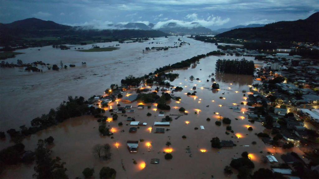 An aerial view shows flooded areas in Encantado city, Rio Grande do Sul, Brazil, on May 1, 2024.