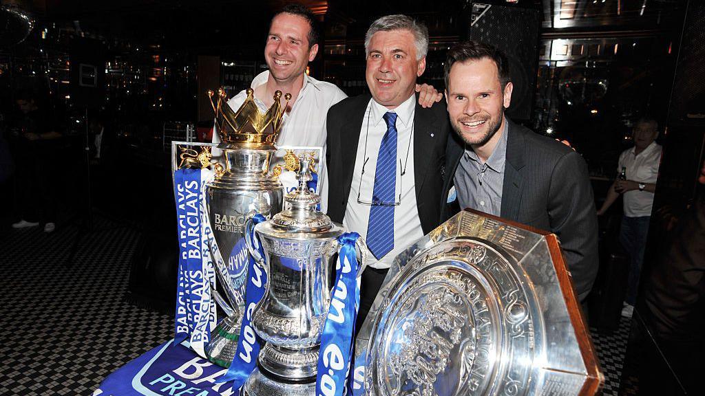 Nick Broad (right) celebrates with Carlo Ancelotti (centre) after Chelsea's FA Cup win in 2010, which completed a double of Premier League and FA Cup that season