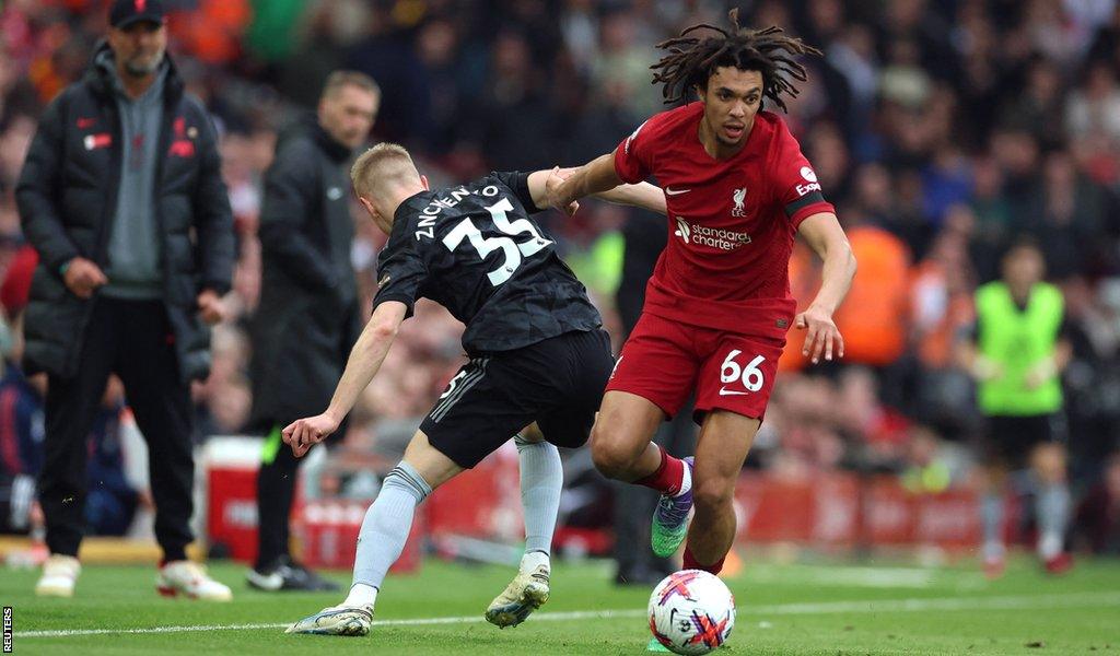 Liverpool's Trent Alexander-Arnold beats Arsenal's Oleksandr Zinchenko