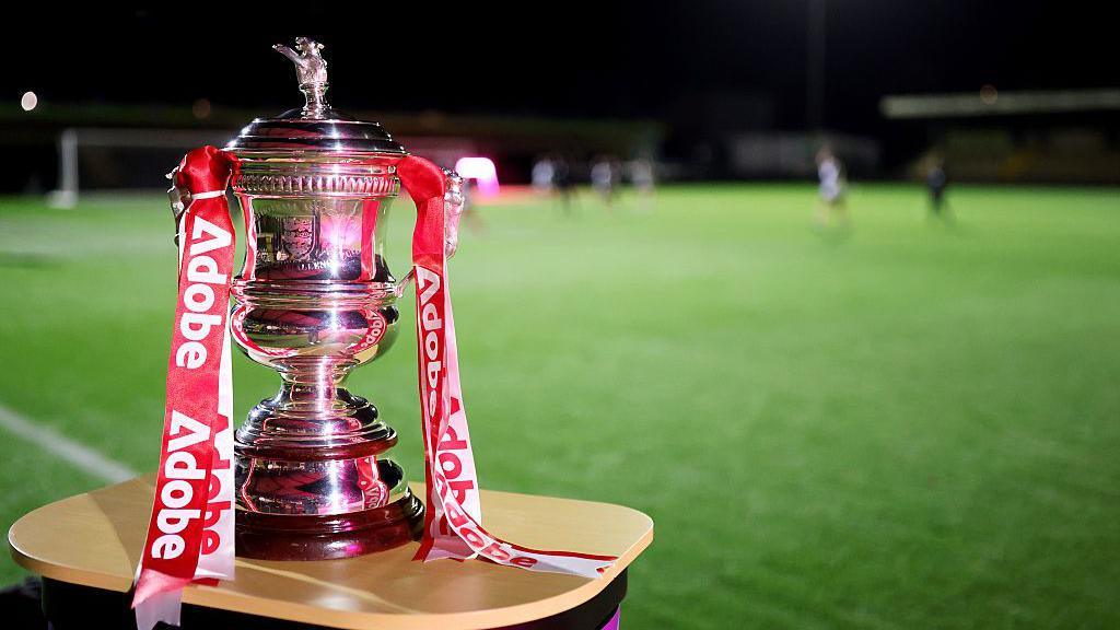 Women's FA Cup on a stand in front of a pitch