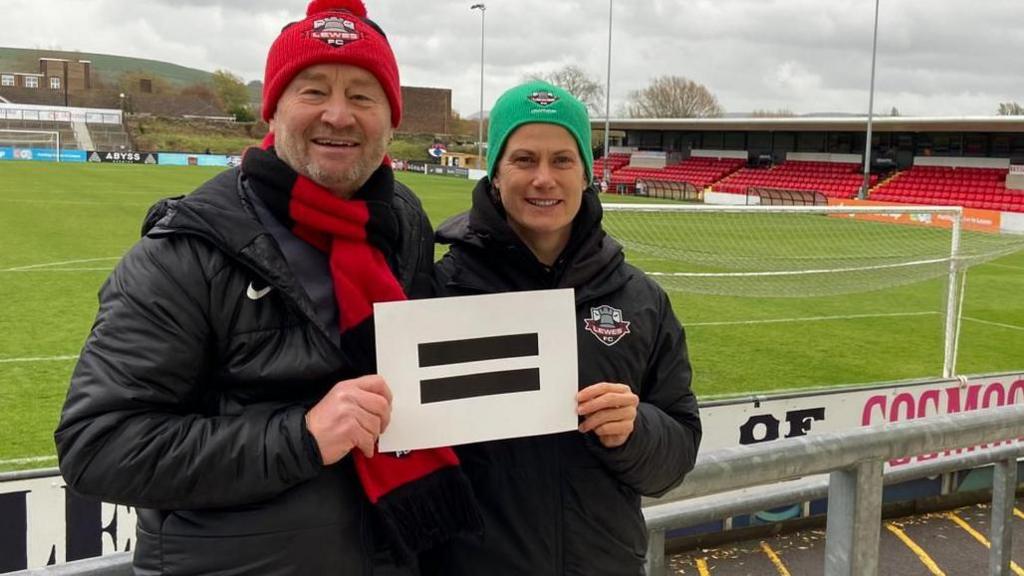 Lewis director Ben Hall and chief operating officer Kelly Lindsey hold up an equals sign