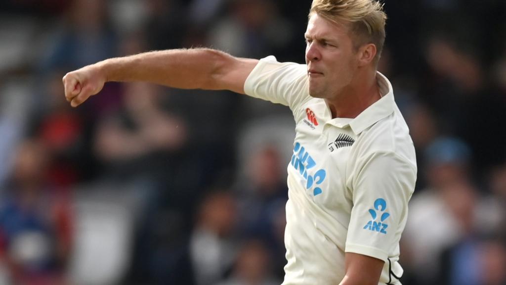 Kyle Jamieson celebrates taking a wicket