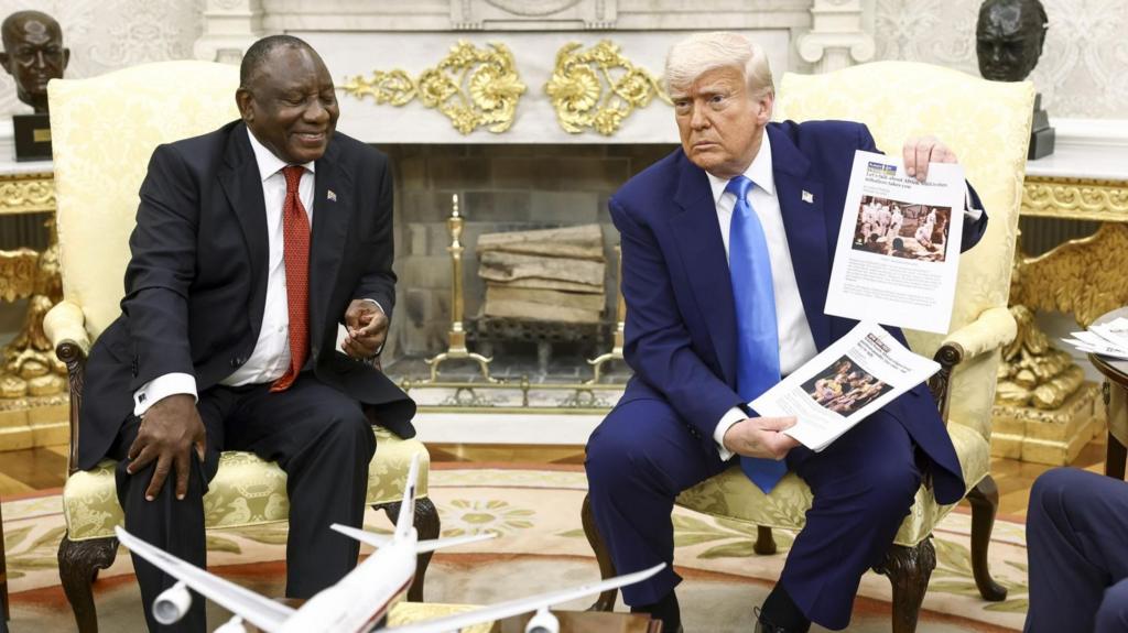 Trump holds up pictures of dead white farmers