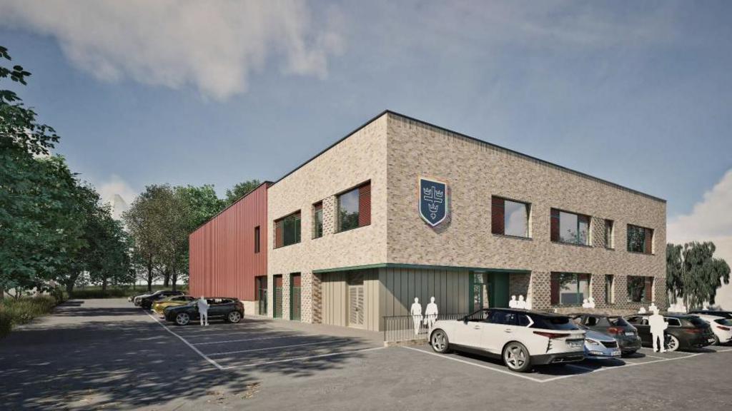 An artist's impression of a two-storey school block with a crest on the wall