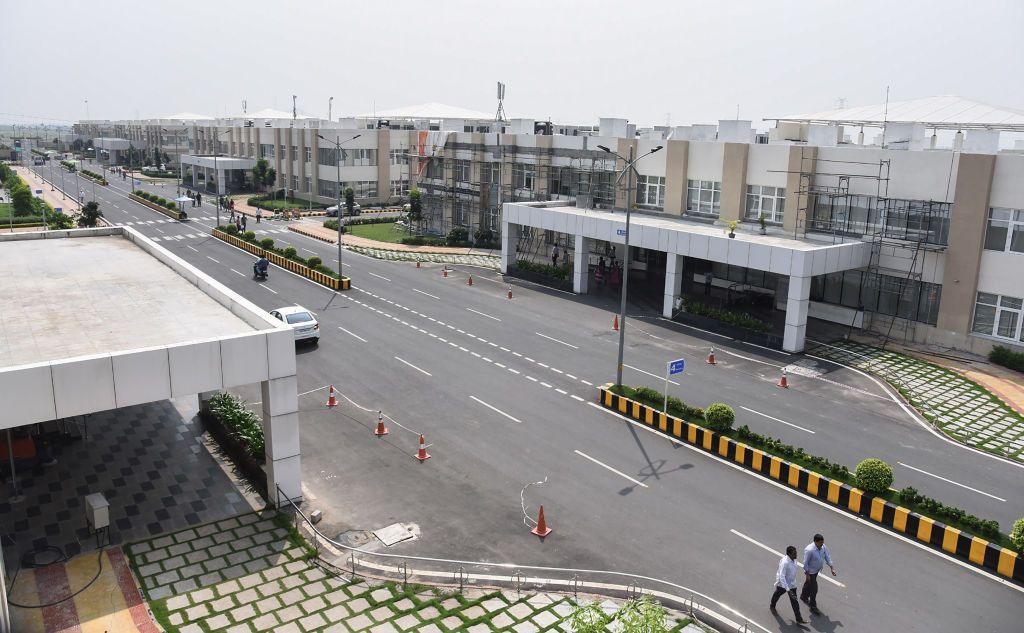 This photo taken on October 20, 2017 shows the Andhra Pradesh state government headquarters in the under construction "city" of Amaravati.